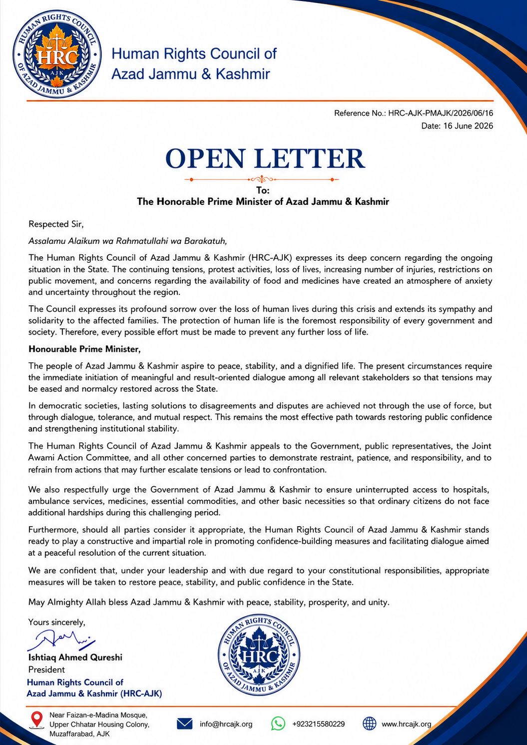 HRC-AJK open letter